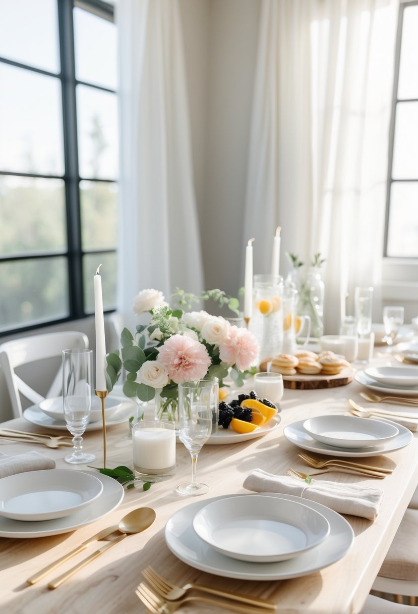 A sunlit table set for a wedding shower brunch with white plates, fresh flowers, pastries, and glassware in a bright room.
