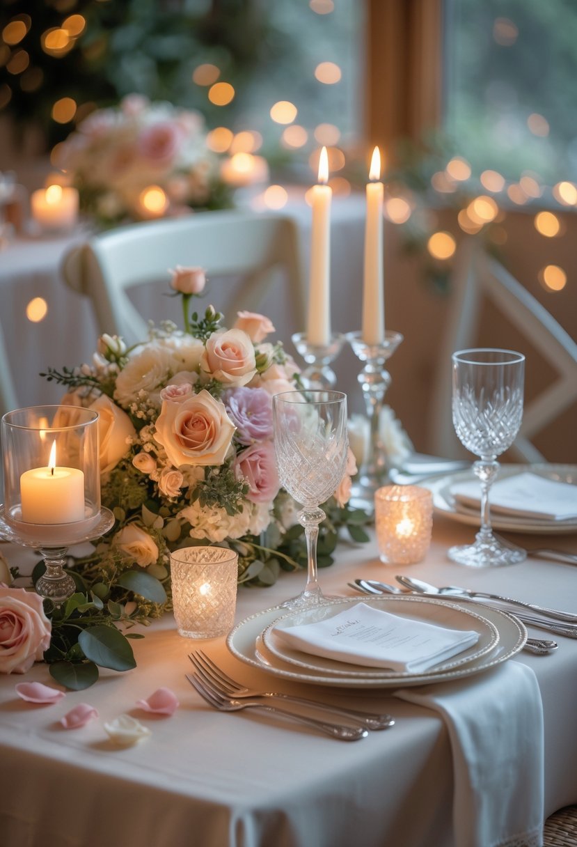 A small table set for a romantic candlelit dinner with flowers, candles, and elegant tableware in a cozy setting.