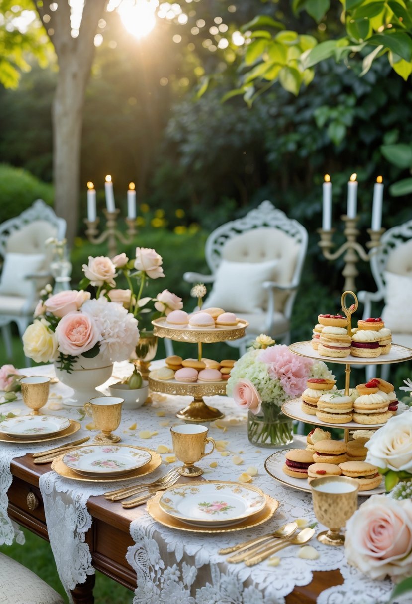 Outdoor garden tea party table set with fine china, flowers, and pastries for a romantic wedding shower.