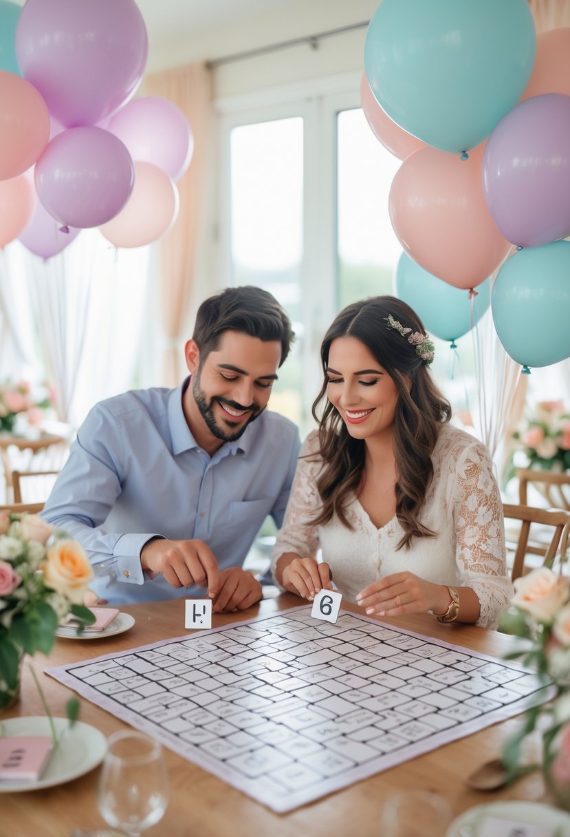 A happy couple sitting at a table working together on a custom crossword puzzle during a wedding shower, surrounded by festive decorations.