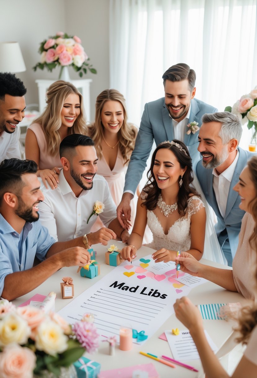 A couple and their friends happily playing a wedding-themed word game around a decorated table at a wedding shower.
