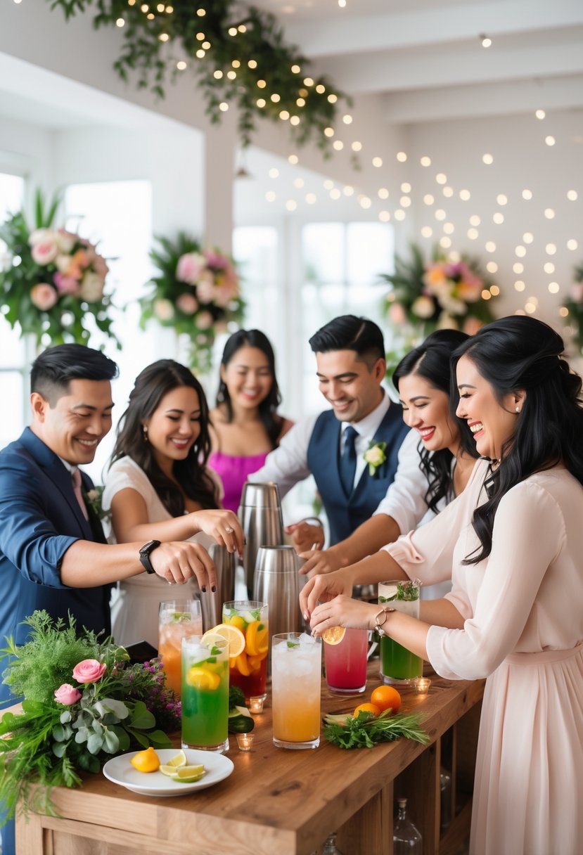 Couples happily mixing cocktails together at a wedding shower in a decorated indoor space.