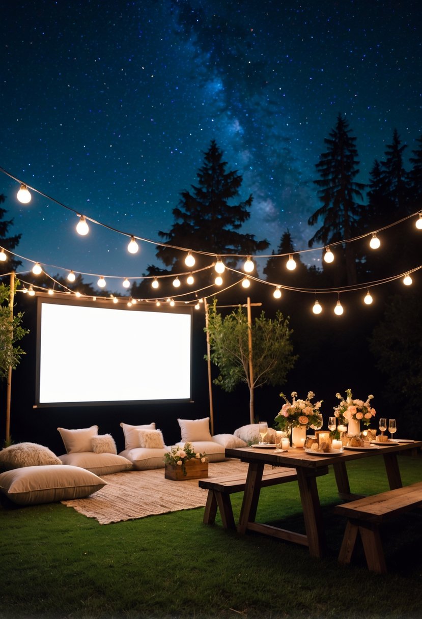 An outdoor movie night setup with cushions, string lights, a projector screen, and a decorated table under a starry sky.