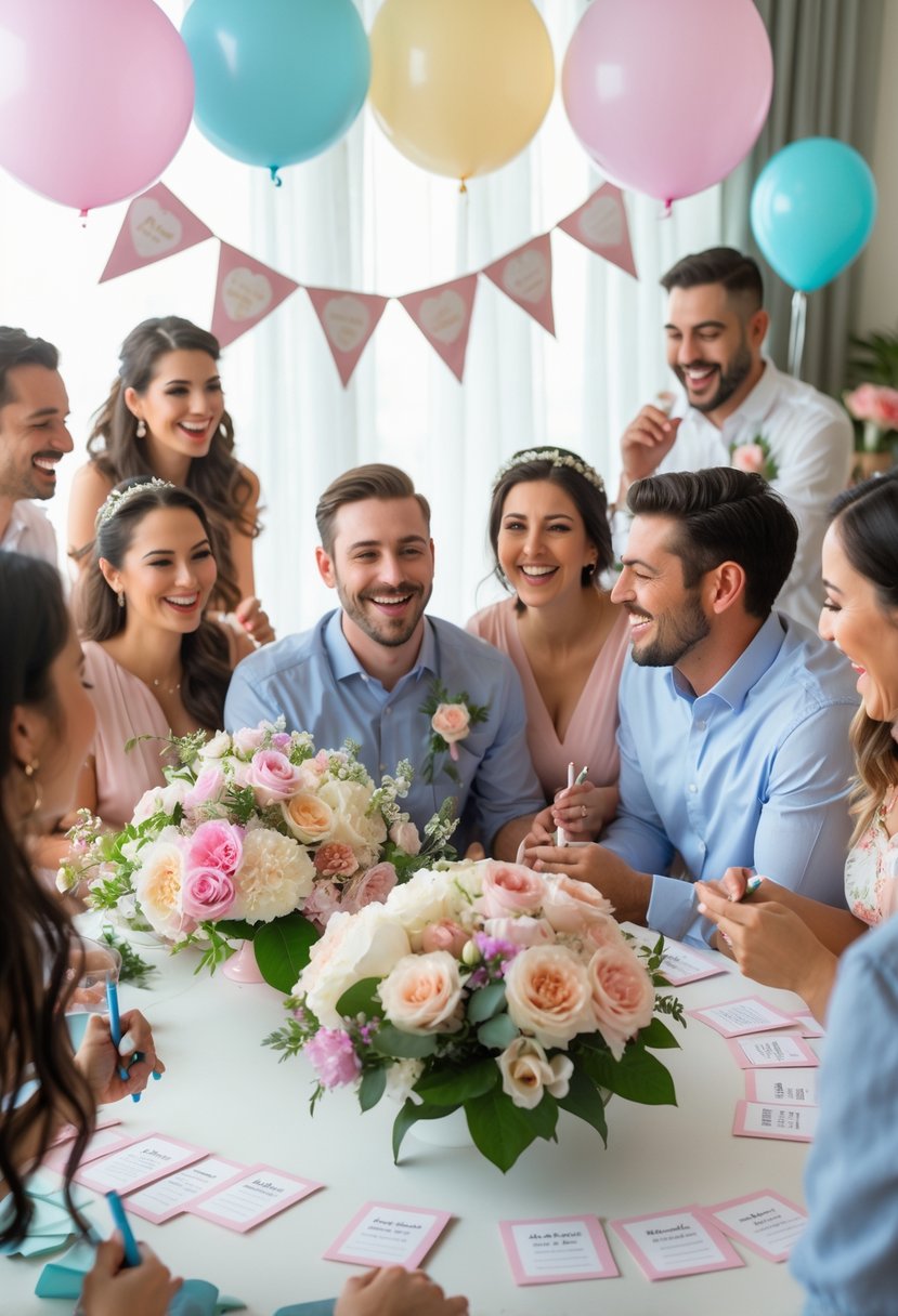 A couple and their guests happily playing a wedding shower game at a decorated table surrounded by flowers and festive decorations.