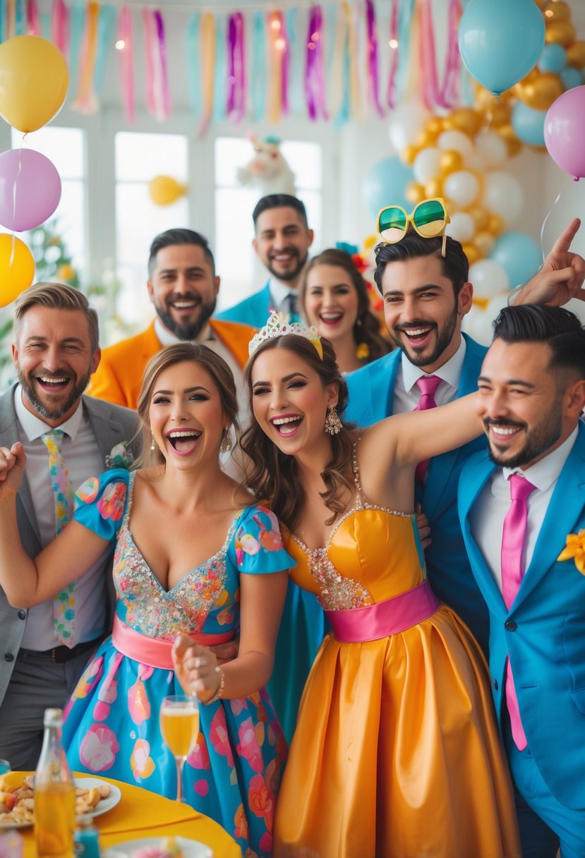 Several couples wearing colorful costumes enjoying a lively wedding shower party indoors with festive decorations.