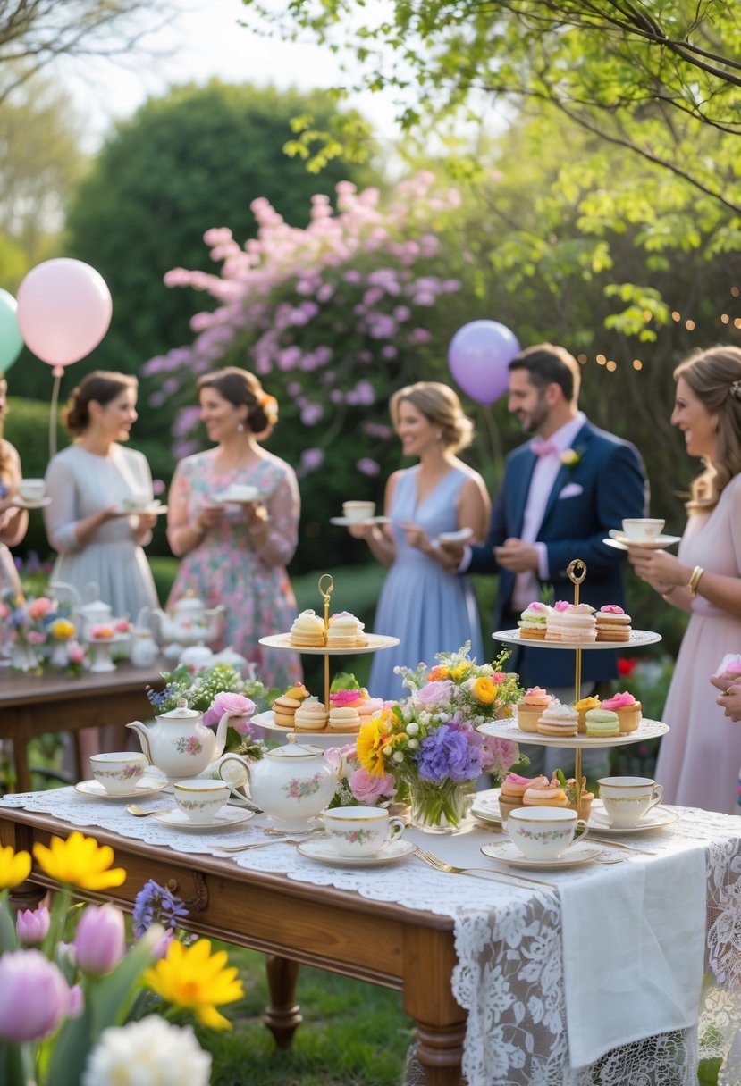 Outdoor garden tea party with a decorated table, flowers, pastries, and people enjoying a wedding shower celebration.