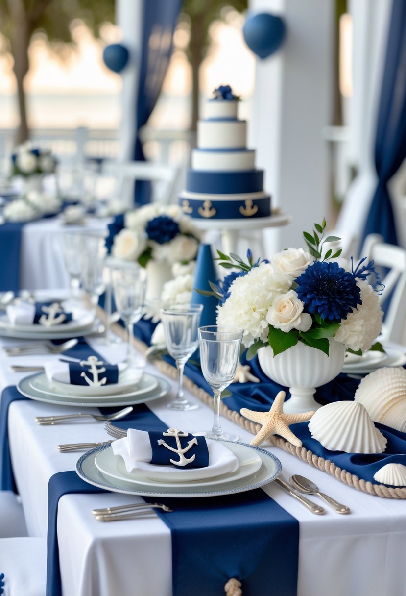 A beautifully decorated wedding shower setup with navy blue and white colors, featuring nautical decorations like anchors and seashells, elegant tables with floral centerpieces, and a dessert table.