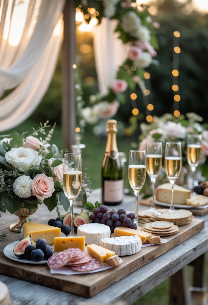 A wooden table set outdoors with champagne glasses, assorted cheeses, fruits, and floral decorations for a wedding shower.