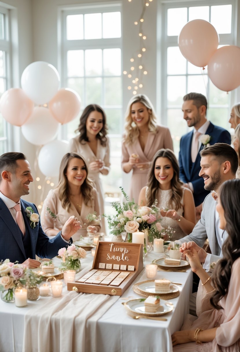 Guests enjoying a personalized trivia game at a decorated wedding shower with flowers, candles, and balloons.