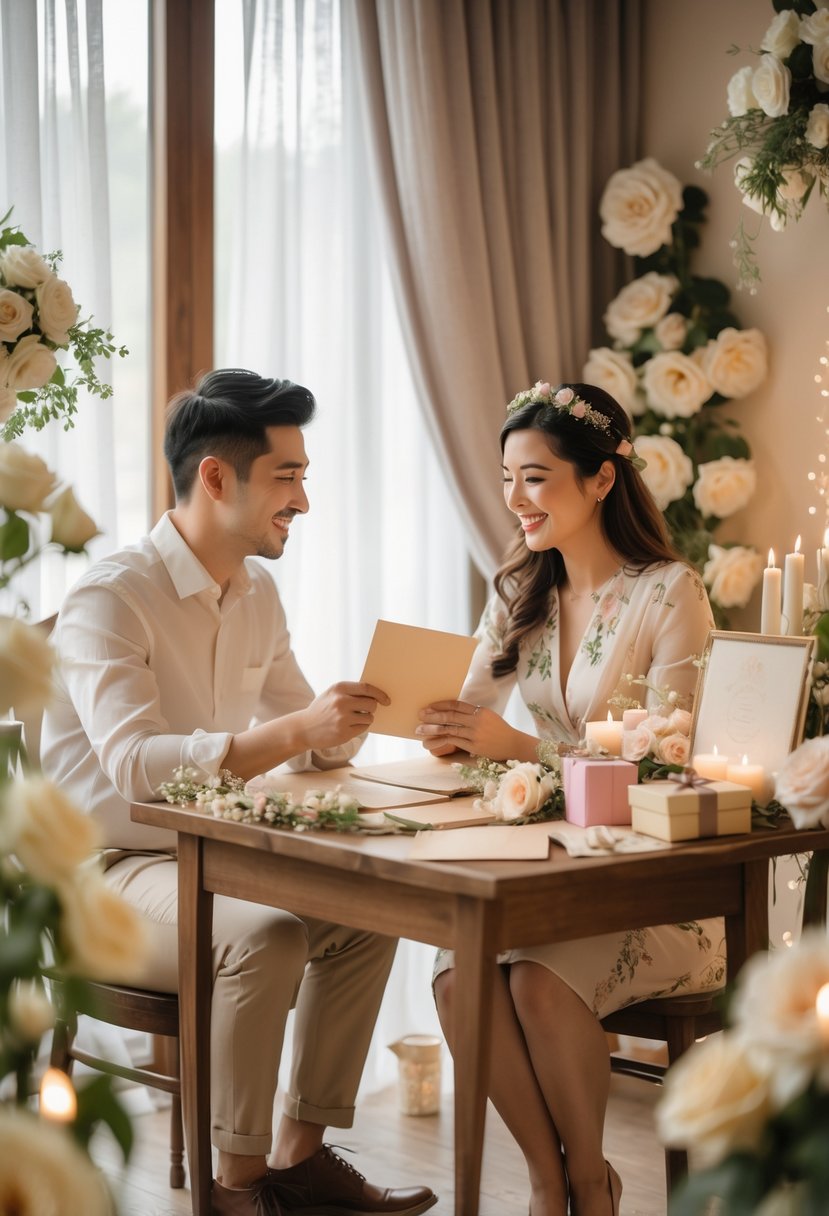 A couple sitting at a decorated table exchanging handwritten letters during a wedding shower.
