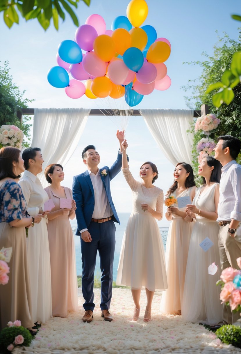 A couple releasing colorful balloons outdoors surrounded by friends and floral decorations at a wedding shower.
