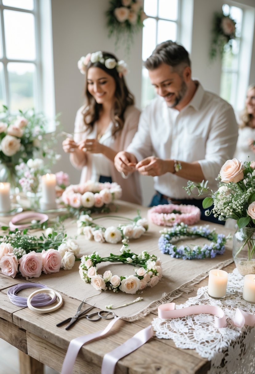 A rustic table with fresh flowers, floral supplies, and flower crowns being made at a wedding shower.