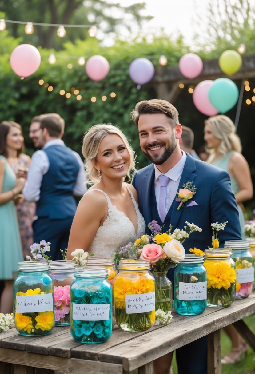 A happy couple smiling near a table filled with colorful jars and flowers at an outdoor wedding shower with guests and decorations in the background.