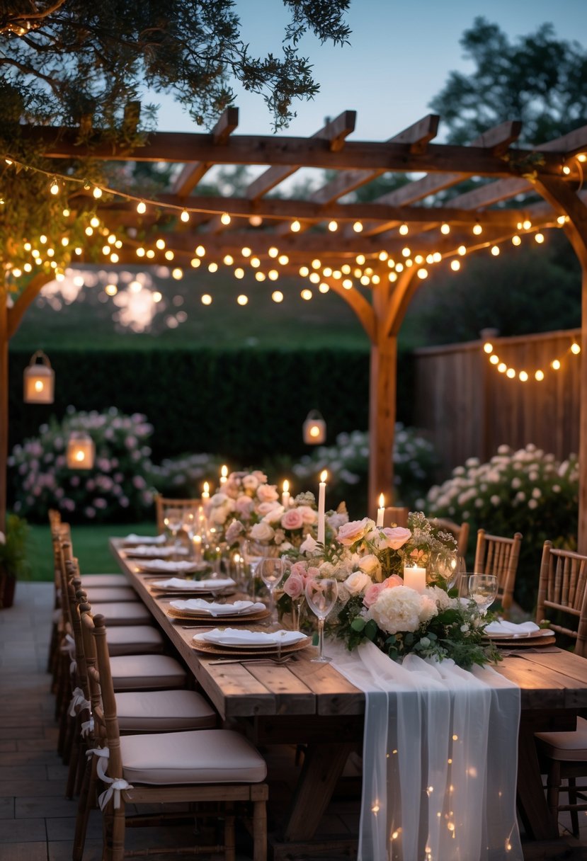 A backyard decorated with fairy lights and a long table set for a romantic wedding shower surrounded by flowers and greenery at twilight.