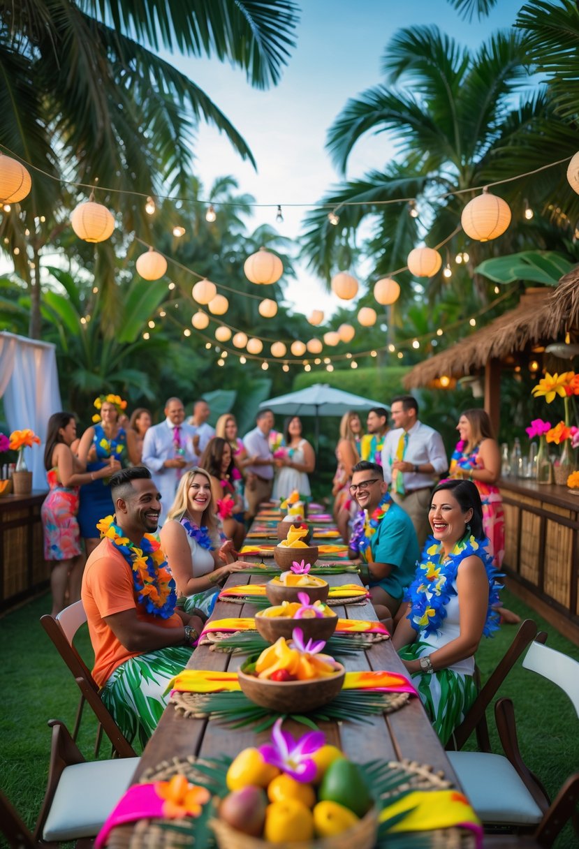 Outdoor tropical luau wedding shower party with guests enjoying decorations of palm leaves, colorful flowers, tiki torches, and a table with tropical fruits and drinks.