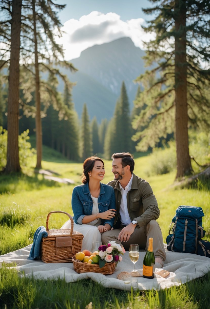 A couple enjoying a picnic together in a forest clearing surrounded by trees and mountains.