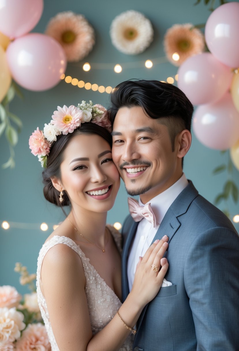 A couple smiling and posing together in a decorated wedding shower photo booth.
