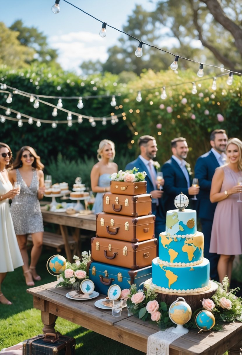 Outdoor wedding shower with travel-themed decorations including vintage suitcases, globes, maps, and floral arrangements, with guests socializing around tables.