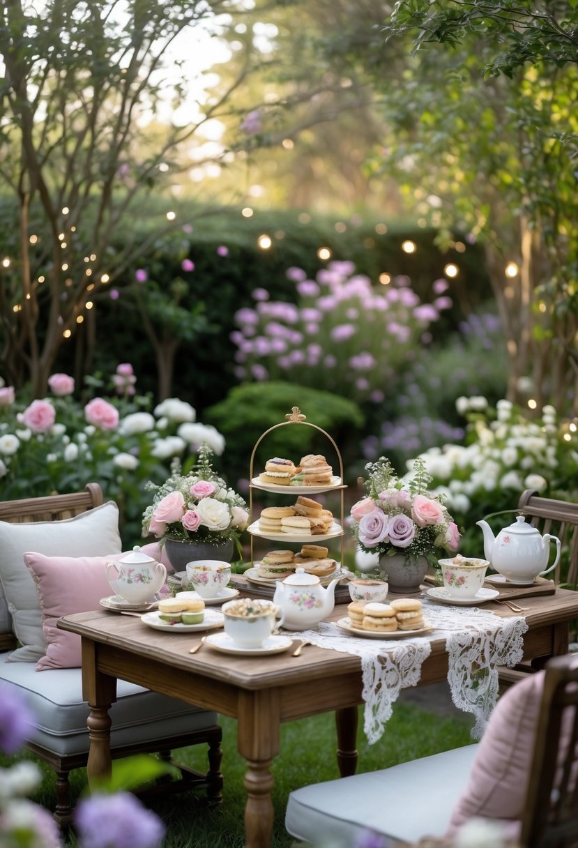 An outdoor garden tea party setup with flowers, a wooden table with teacups, pastries, and comfortable seating surrounded by greenery.