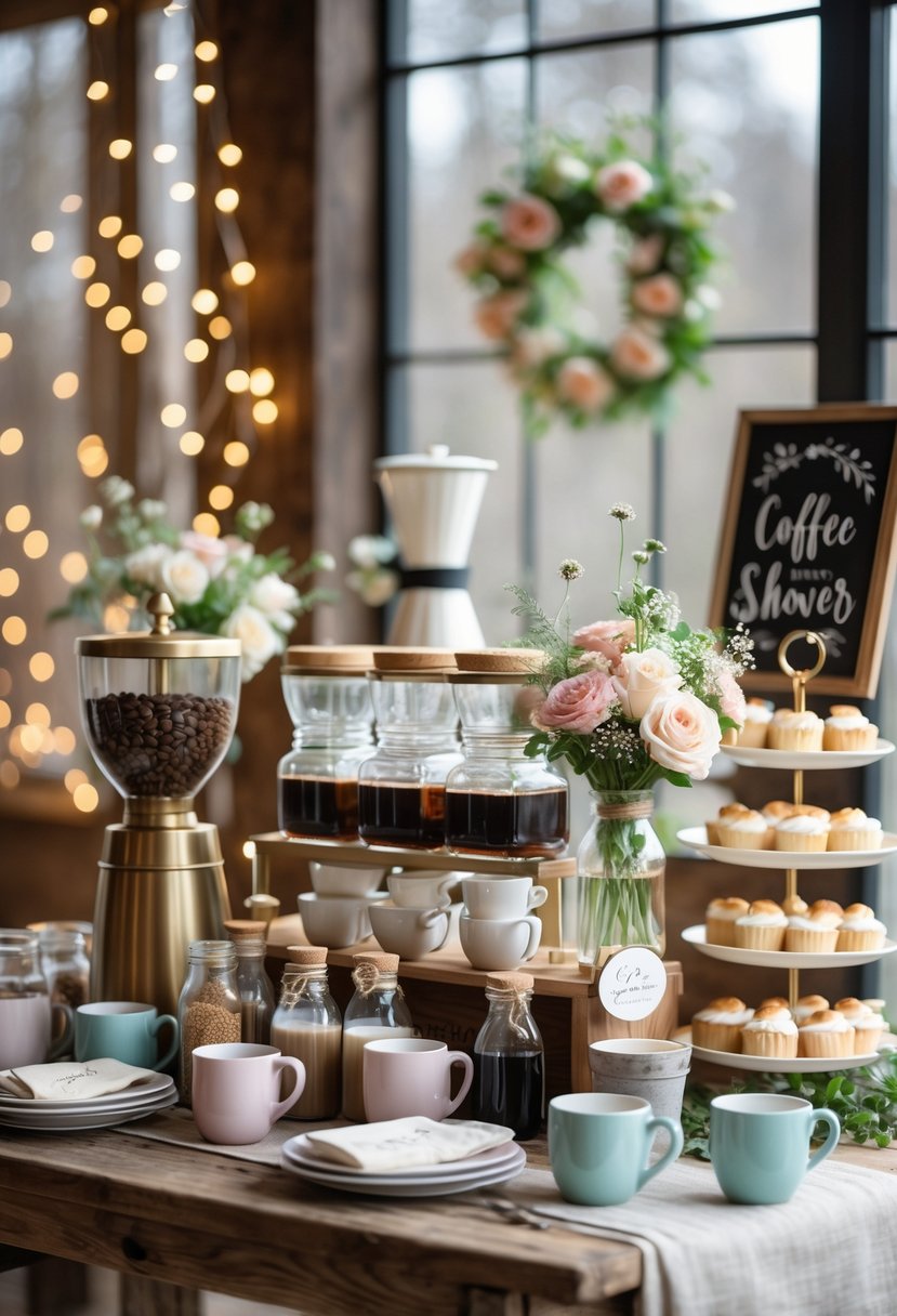 A cozy coffee bar setup with coffee accessories, flowers, and pastries arranged on a wooden table at a wedding shower.