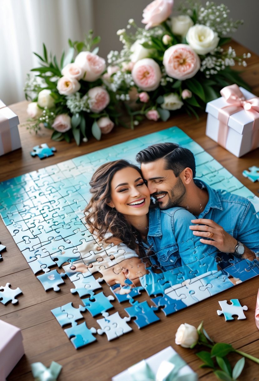 A custom jigsaw puzzle with photos of a happy couple partially assembled on a wooden table surrounded by wedding shower decorations.