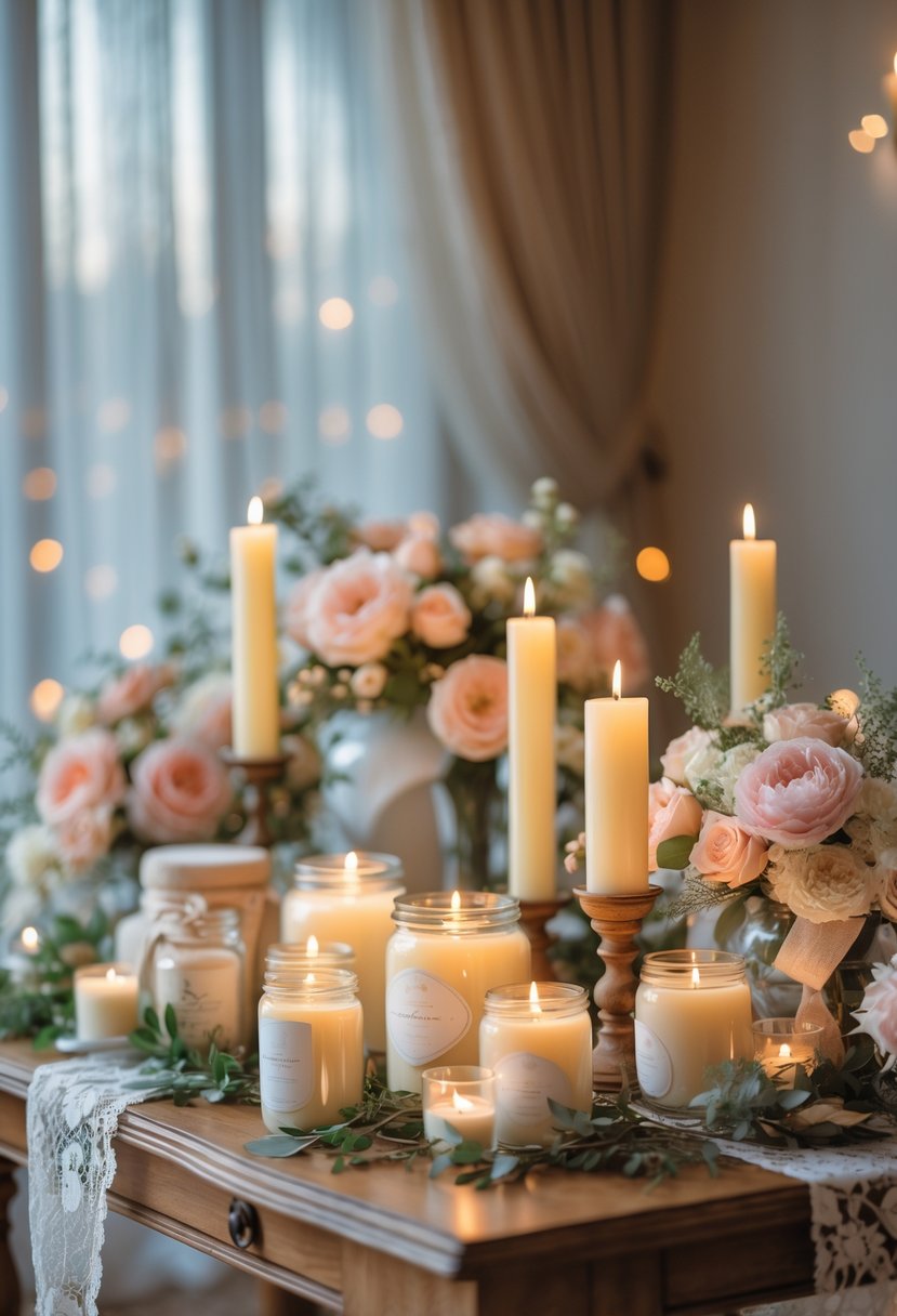A cozy wedding shower setup with lit scented candles and floral decorations on a wooden table.