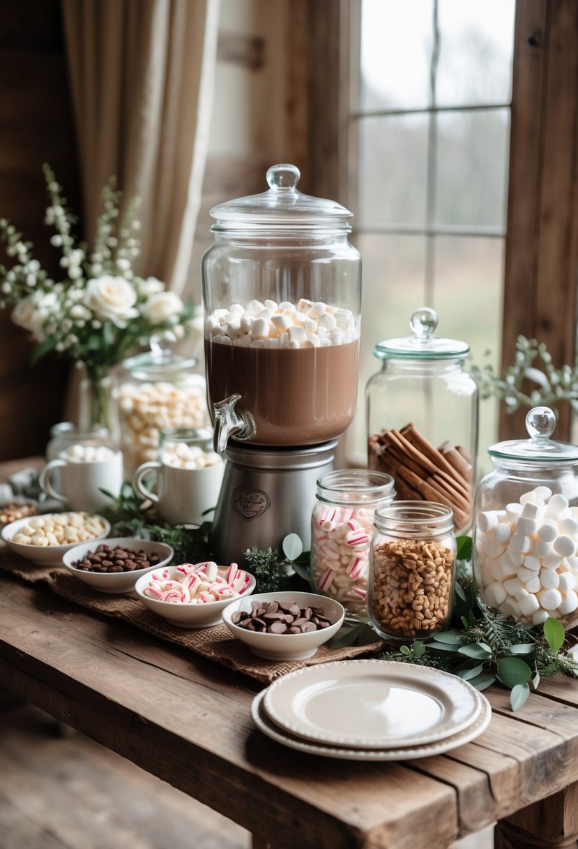 A cozy hot chocolate station with a wooden table holding a glass dispenser of hot chocolate, jars of toppings, mugs, and floral decorations for a wedding shower.