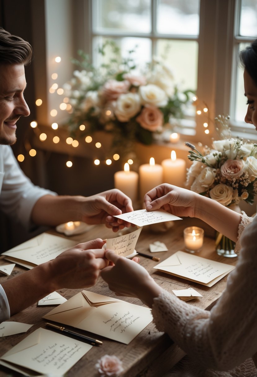 A couple exchanging handwritten love notes at a small table decorated with flowers and candles during a cozy wedding shower.