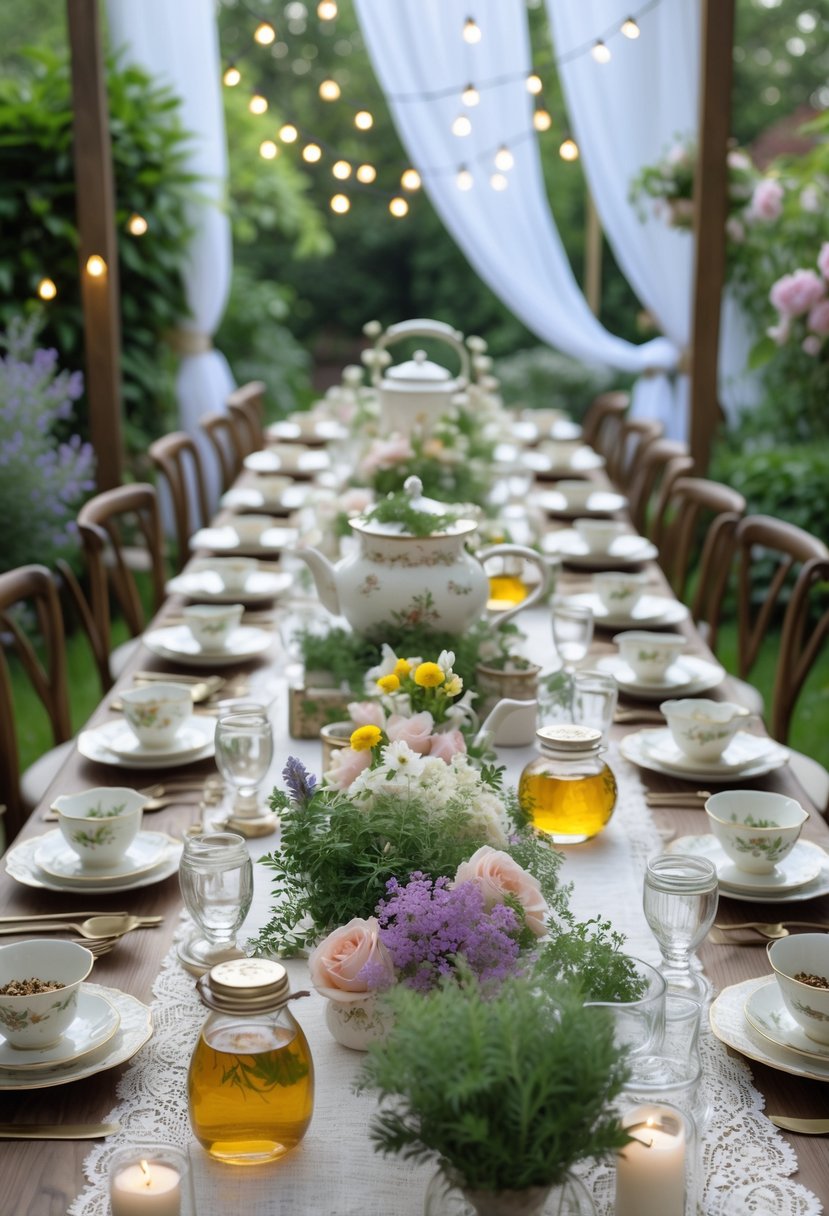 An outdoor garden tea party setup with a long table decorated with teacups, teapots, fresh herbs, and floral centerpieces.