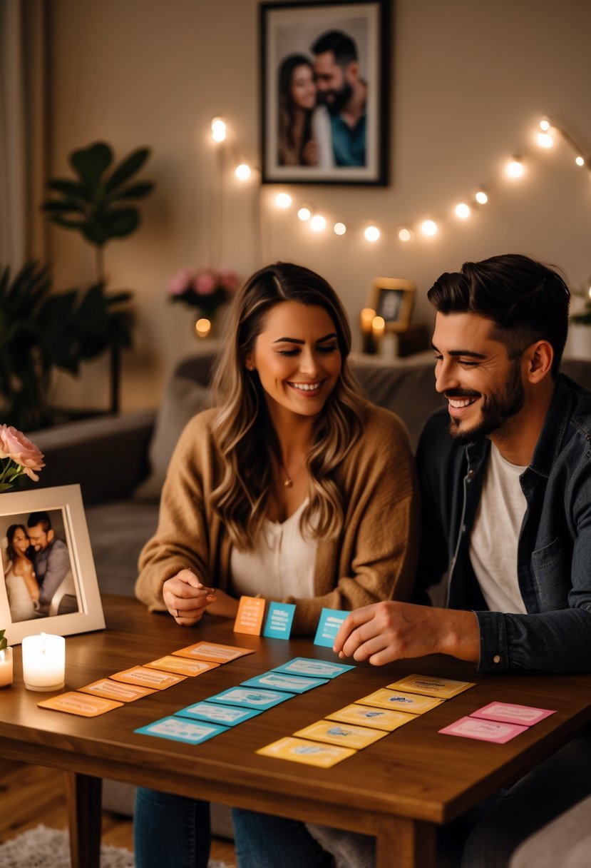 A couple sitting at a table playing a personalized trivia game together in a cozy, decorated room.