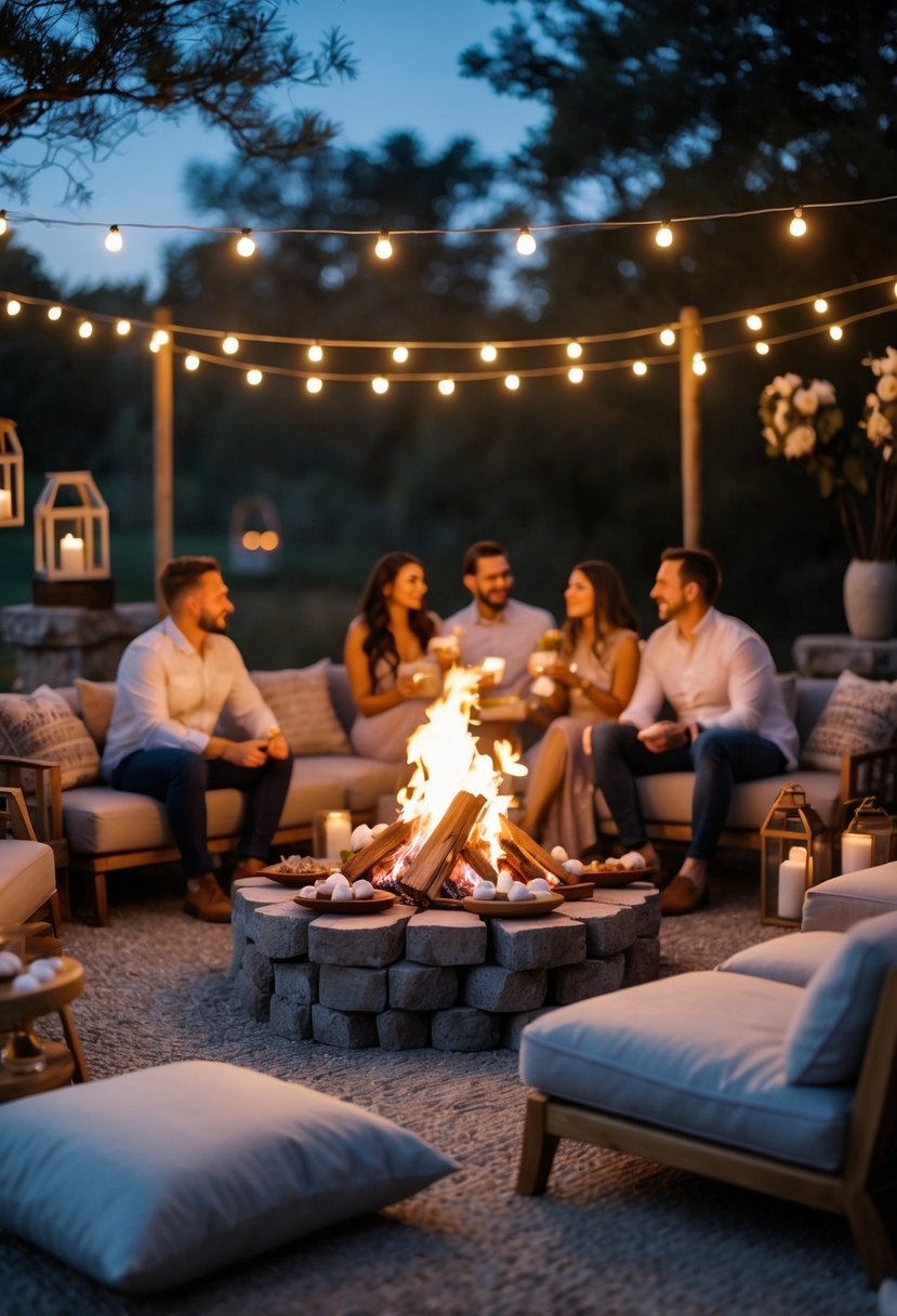 Couples enjoying a bonfire evening with s’mores and cozy seating outdoors surrounded by string lights and decorations.