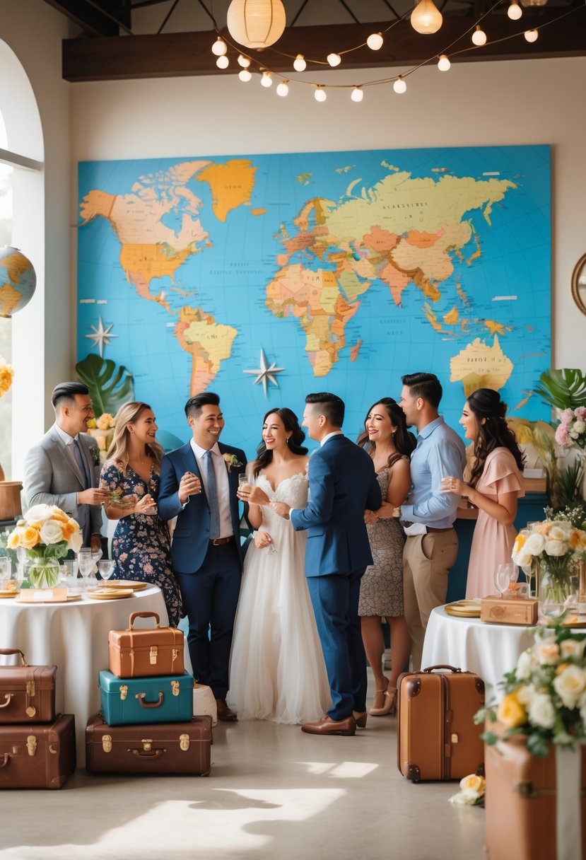 A group of people celebrating a wedding shower decorated with maps, globes, and travel-themed decorations in a bright, festive room.