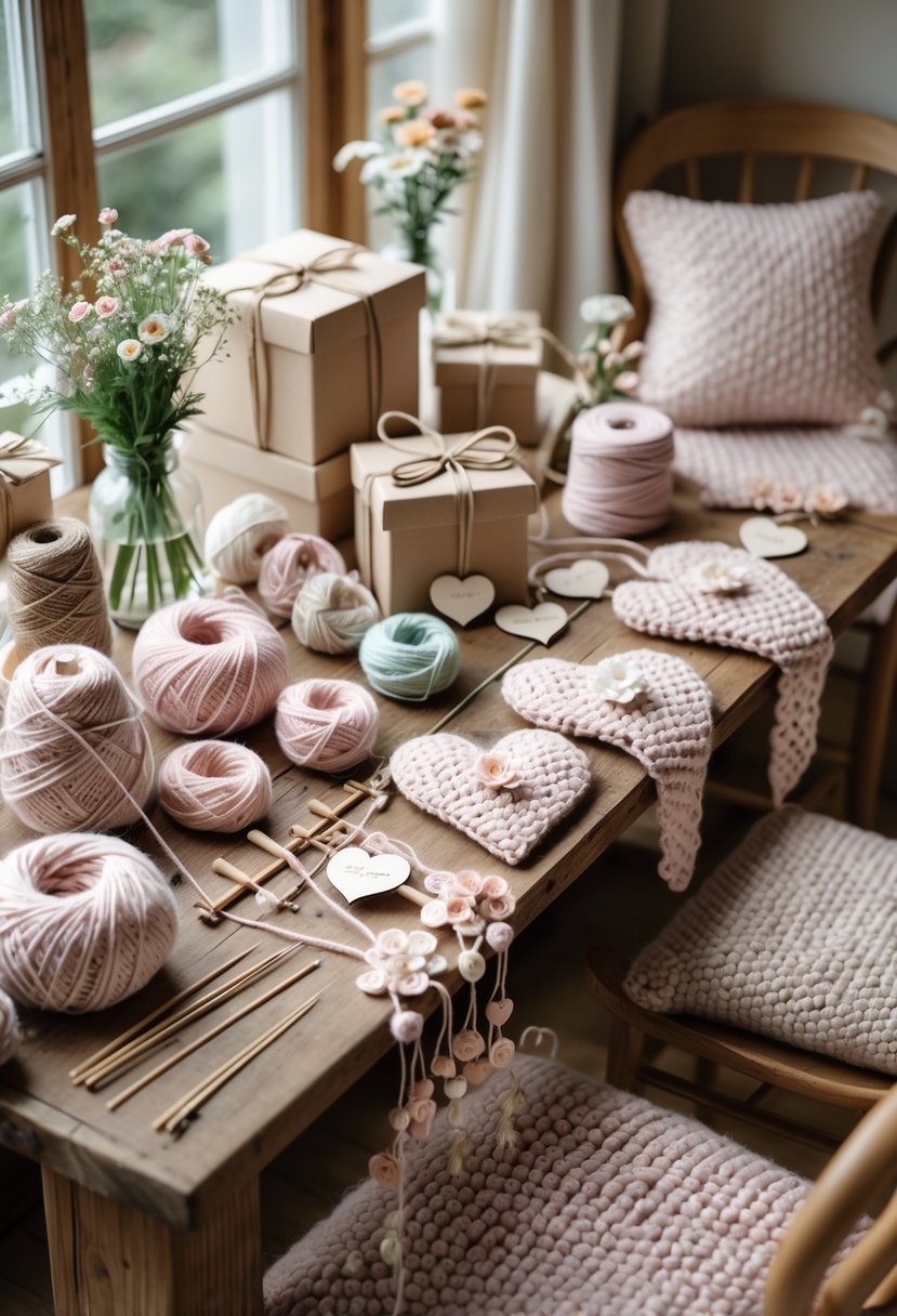 A cozy crafting corner with yarn, knitting needles, handmade decorations, and fresh flowers set up for a wedding shower celebration.