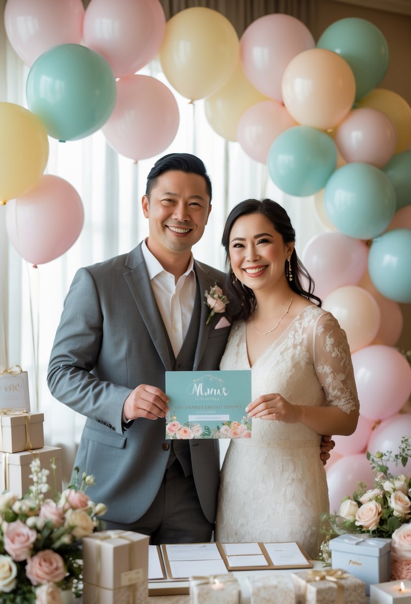 A smiling couple at a wedding shower holding a charity donation card surrounded by decorations and flowers.