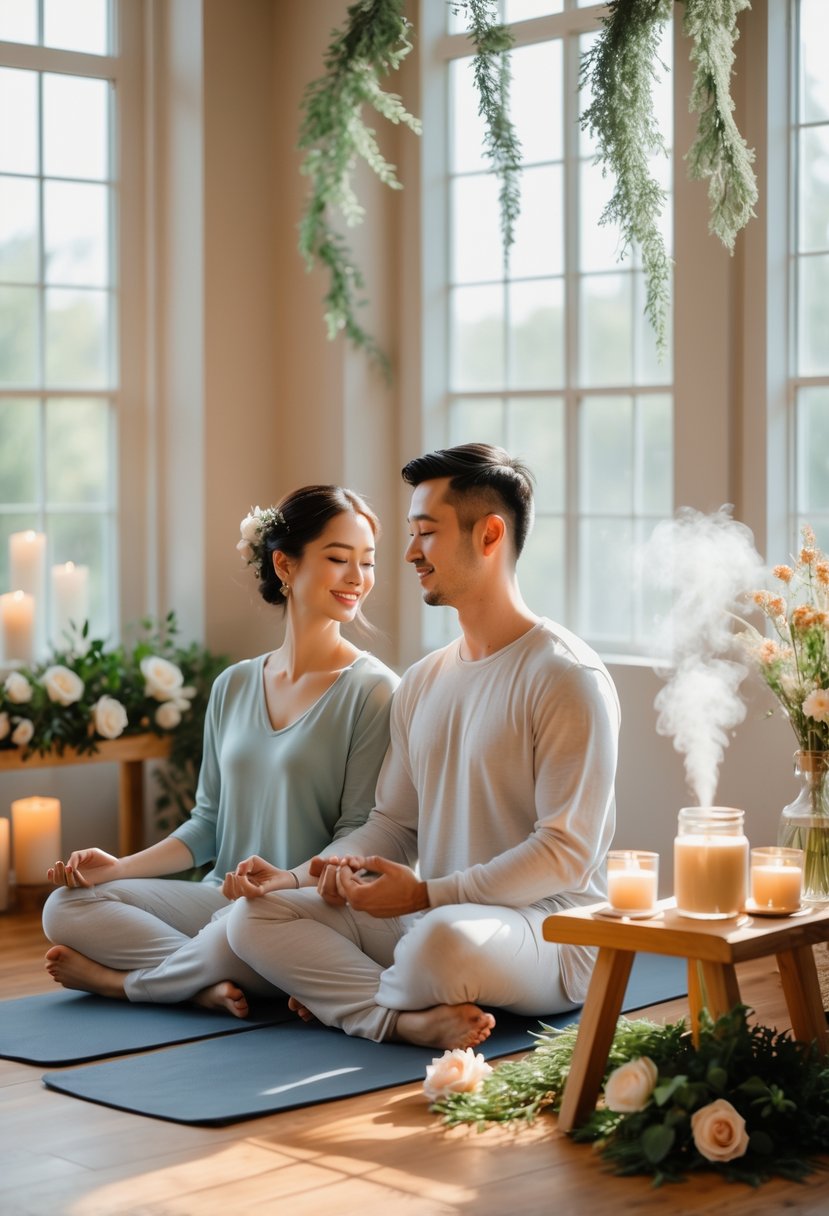 A couple sitting cross-legged on yoga mats in a softly lit room surrounded by flowers and candles, practicing yoga or meditation together during a wedding shower.