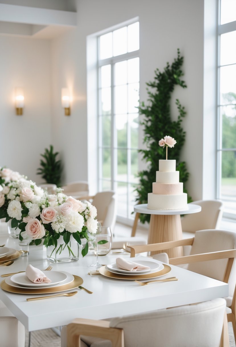 A bright indoor wedding shower setup with a table decorated with white and pink flowers, simple tableware, and a dessert table with pastries and a small cake.