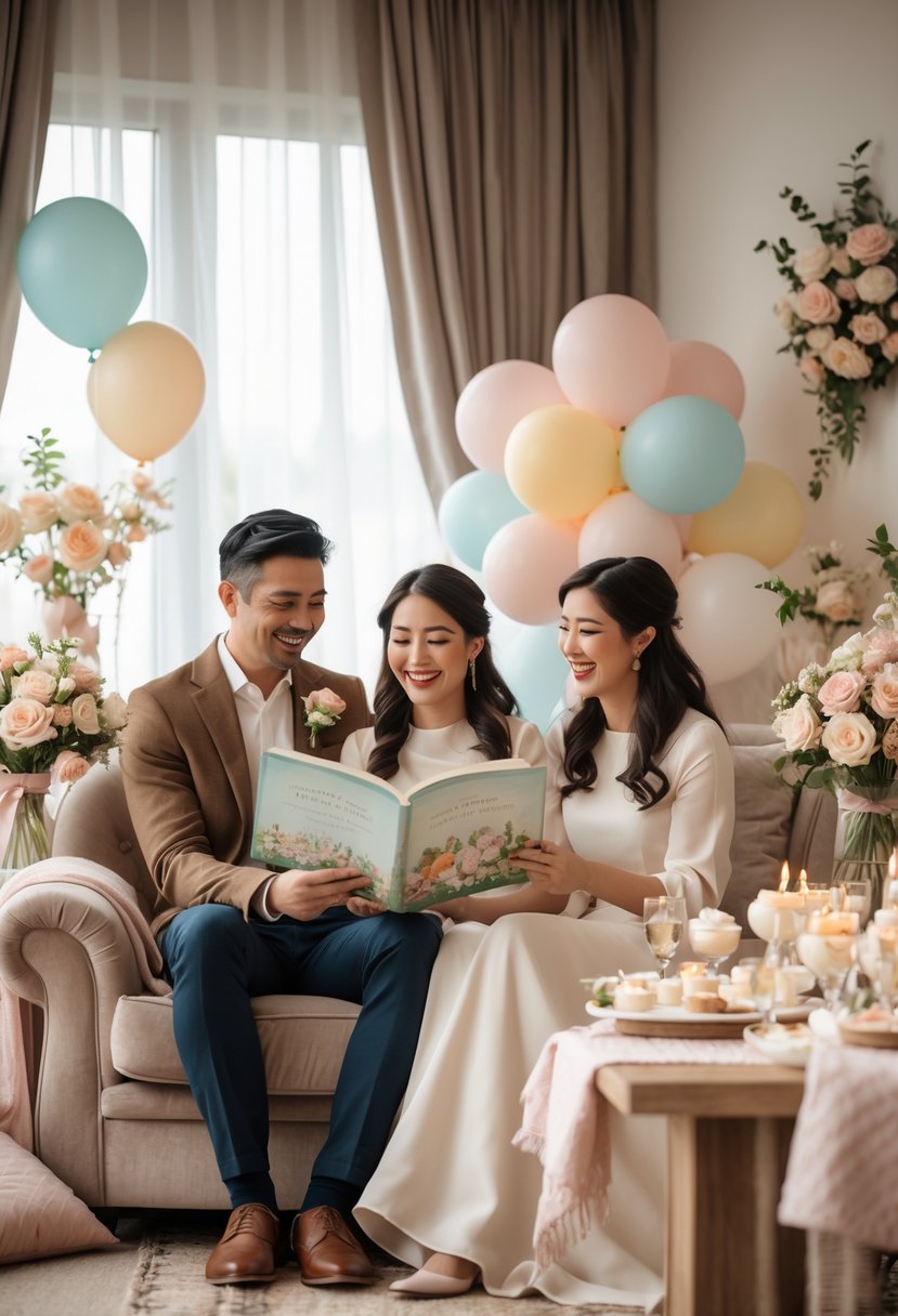 A couple reading a storybook aloud at a cozy wedding shower with friends gathered around in a warmly decorated room.