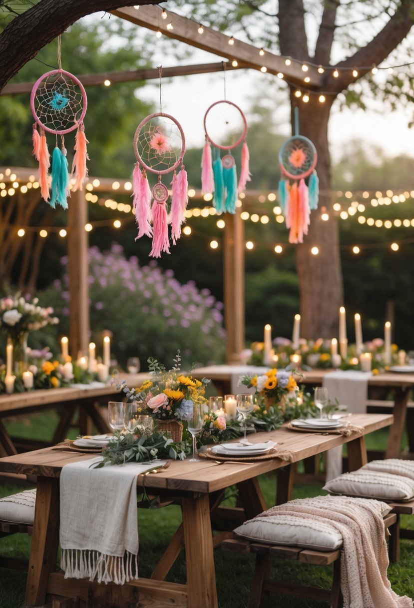 Outdoor garden party setup with dreamcatchers hanging from trees, fairy lights overhead, rustic wooden tables with flowers and candles, surrounded by greenery.