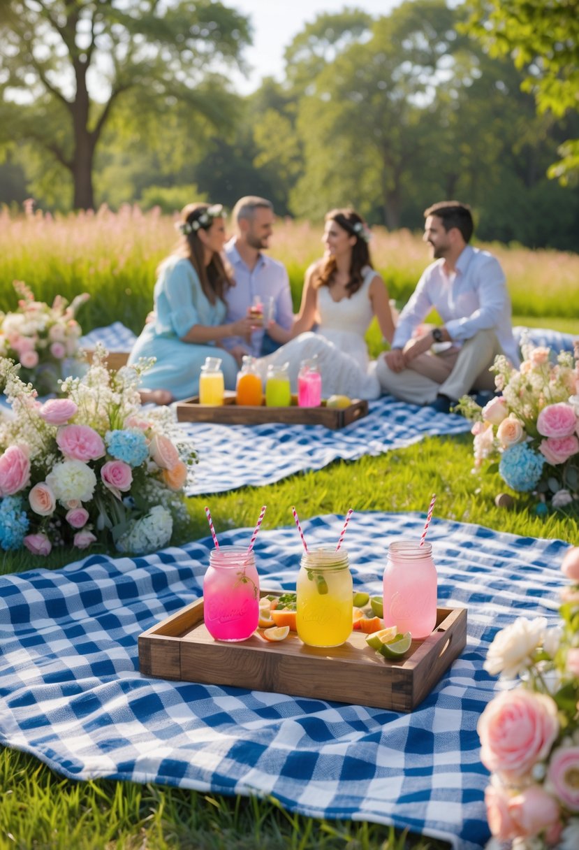 Outdoor picnic with checkered blankets and mason jar drinks, surrounded by couples celebrating in a grassy area with flowers.