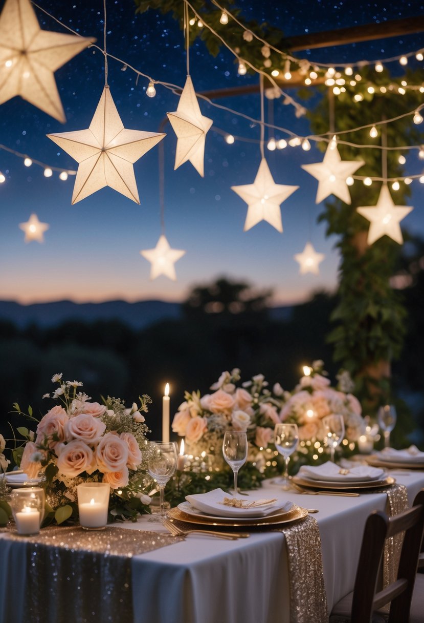 A wedding shower setup with star-shaped lanterns hanging above a decorated table featuring moon-shaped decorations and flowers under a starry sky.
