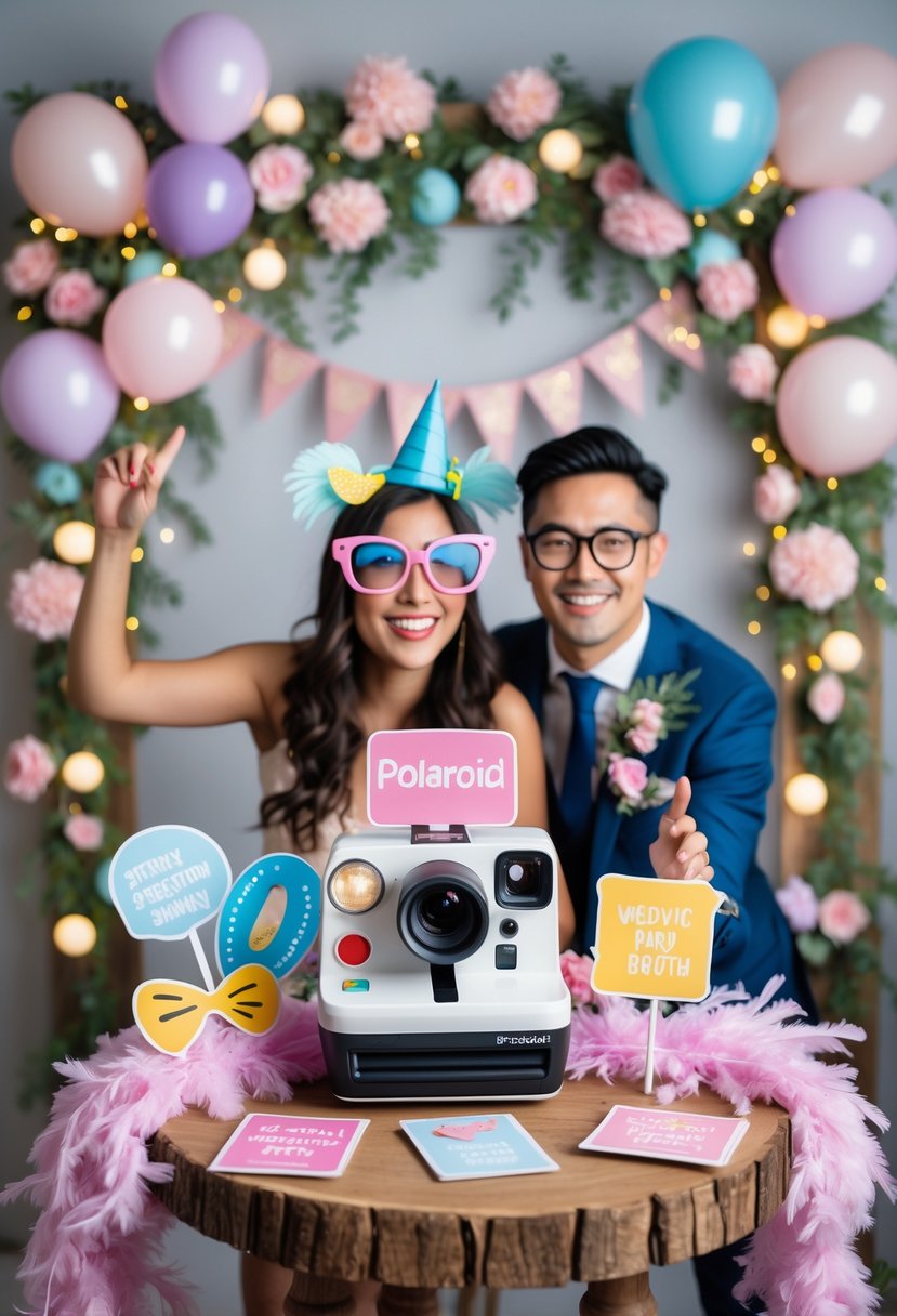 A couple posing happily with fun props in front of a Polaroid photo booth decorated with balloons and flowers at a wedding shower.