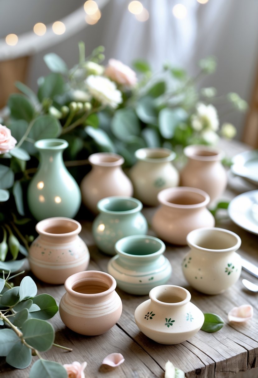 A wooden table displaying handmade pottery favors with pastel colors and floral decorations, surrounded by greenery and flower petals.