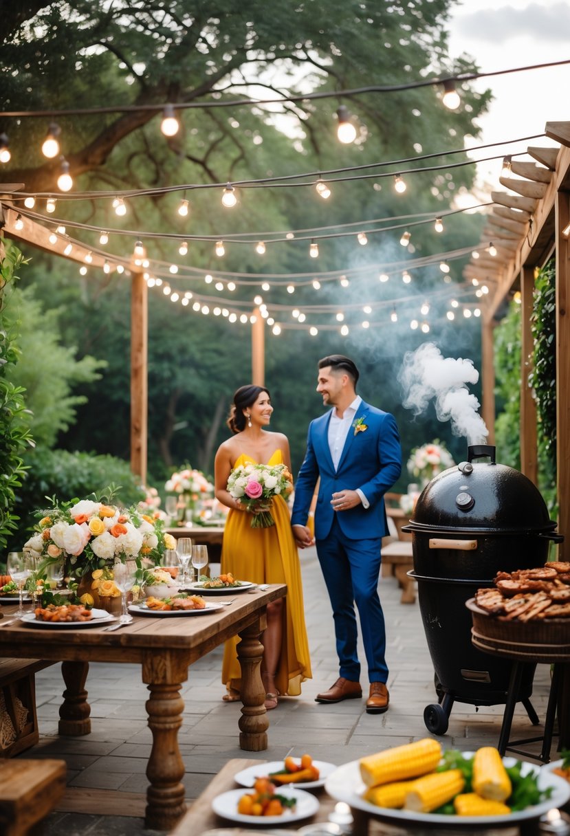A couple celebrating a wedding shower outdoors with guests around tables featuring BBQ food and decorations.
