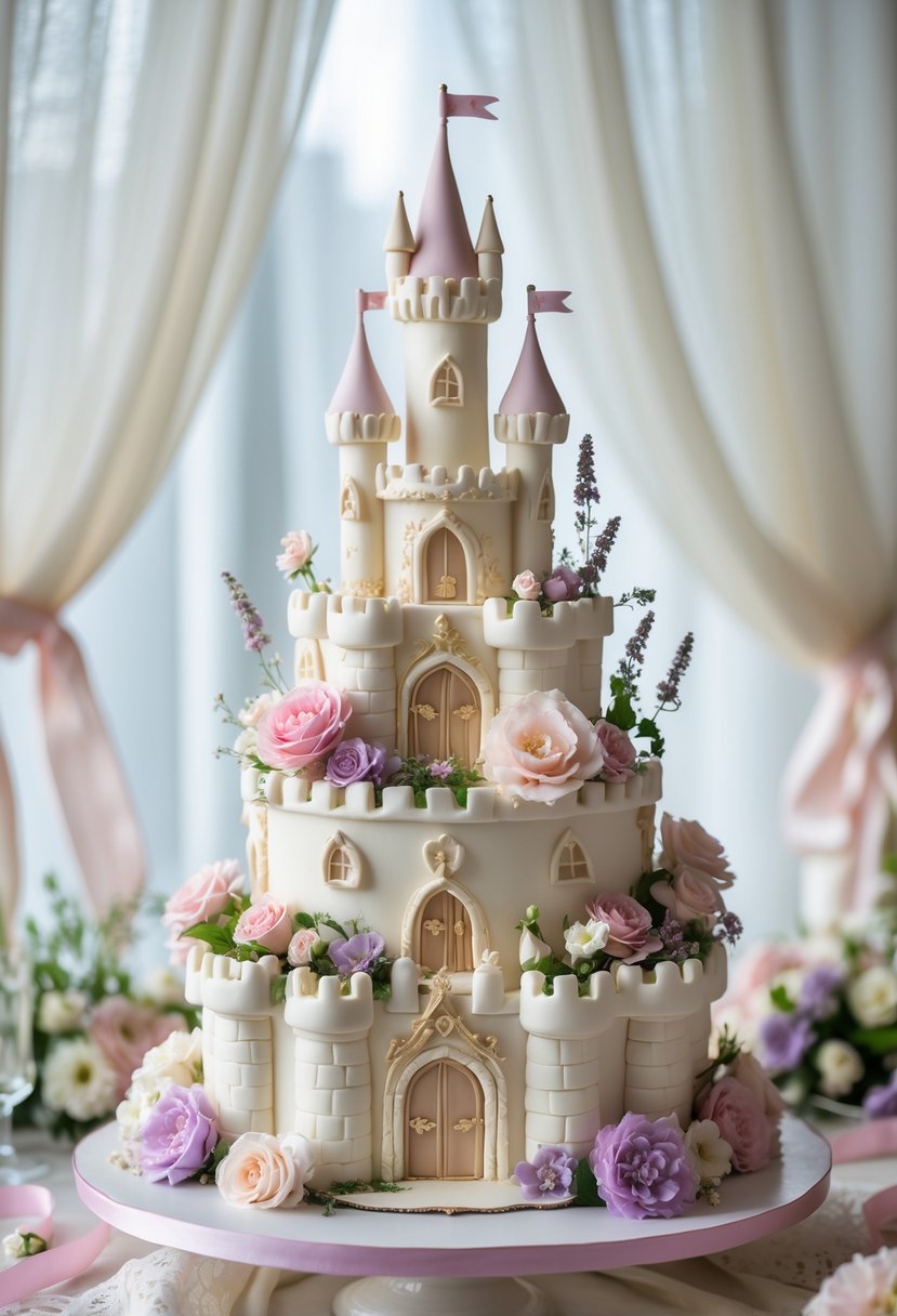 A multi-tiered cake shaped like a fairy tale castle decorated with pastel edible flowers on a table with wedding shower decorations.