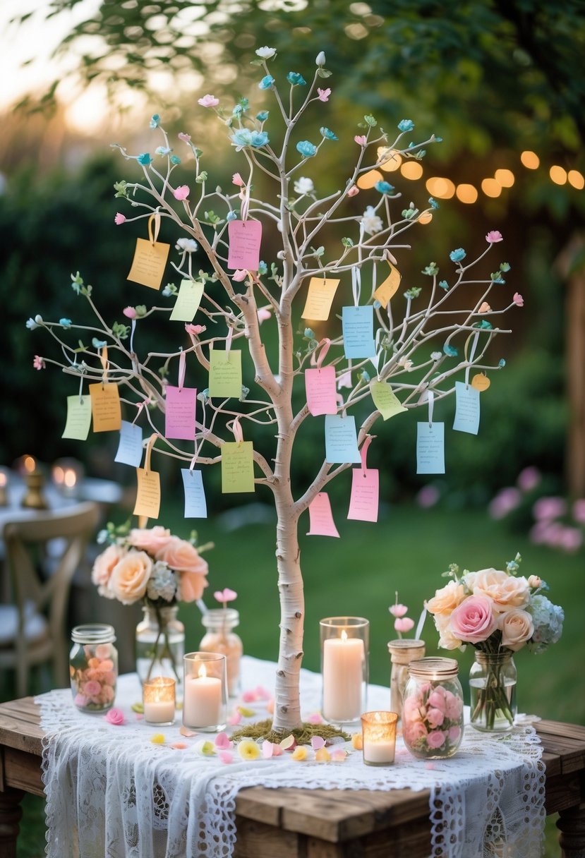 A wish tree with colorful notes hanging from its branches, surrounded by flowers and candles on a decorated table in a garden setting.