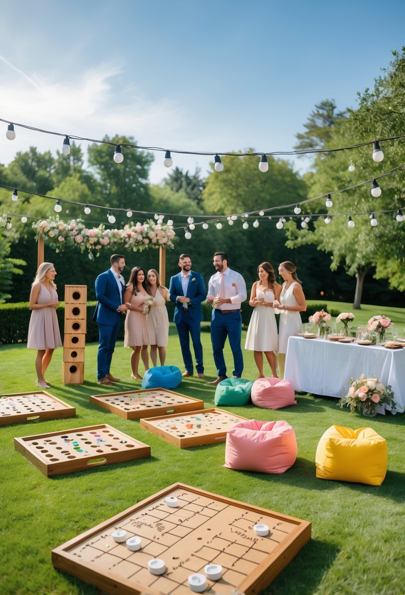 Couples and friends playing lawn games on a green lawn during a wedding shower with decorations and a refreshment table nearby.