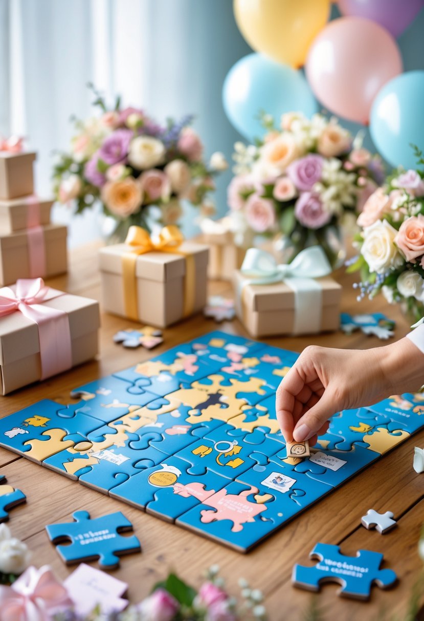 A couple assembling a colorful puzzle on a table surrounded by wedding shower decorations and flowers.