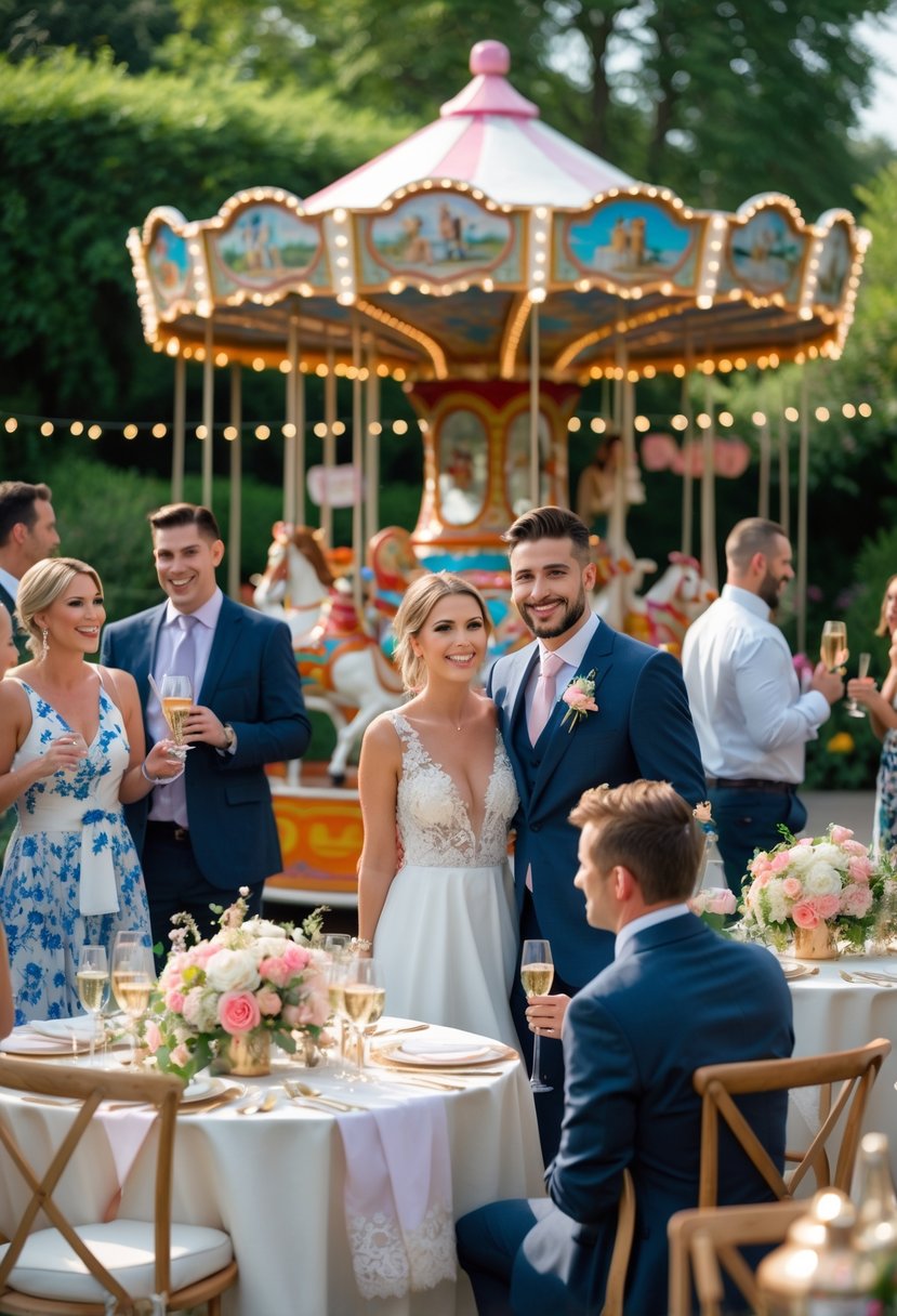 A happy couple and guests enjoying an outdoor wedding shower with a colorful carousel ride in the background surrounded by flowers and decorations.