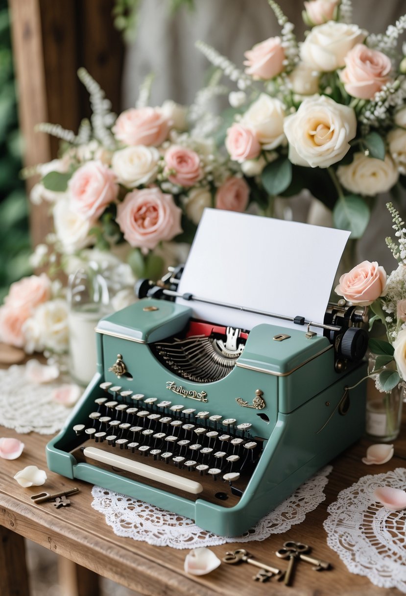 A vintage typewriter on a wooden table decorated with flowers and wedding shower decorations.