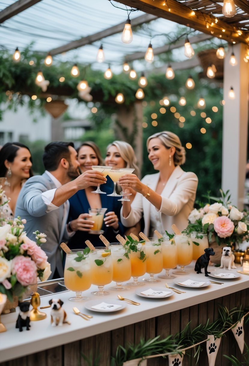 A couple and their guests celebrating at a cocktail bar decorated with pet-themed accents during a wedding shower.